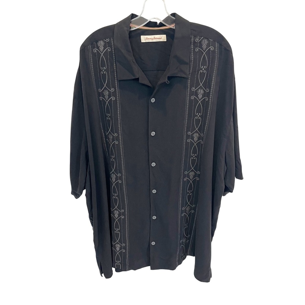 Tommy Bahama Black Silk Embroidered Guayabera Camp Shirt Vacation Mens Size 2XB
